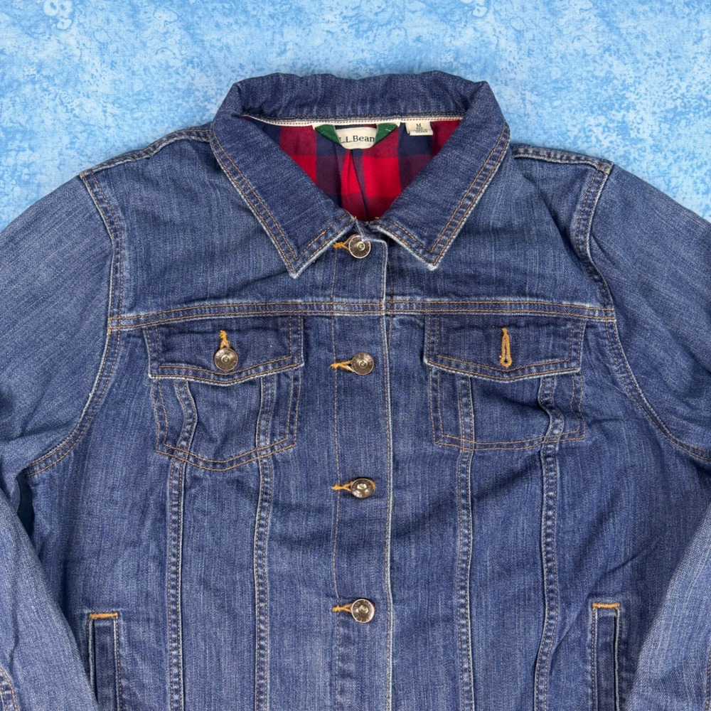 LL Bean Womens Flannel Lined Denim Trucker Jacket Blue Medium 500337 - Picture 5 of 16